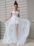 A-Line/Princess Tulle Applique Off-the-Shoulder Sleeveless Sweep/Brush Train Wedding Dresses TPP0006103