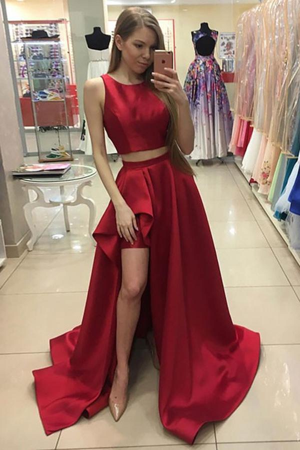 A Line Red Two Piece Satin Scoop Neck A-line Sweep Train Split Front Prom Dresses