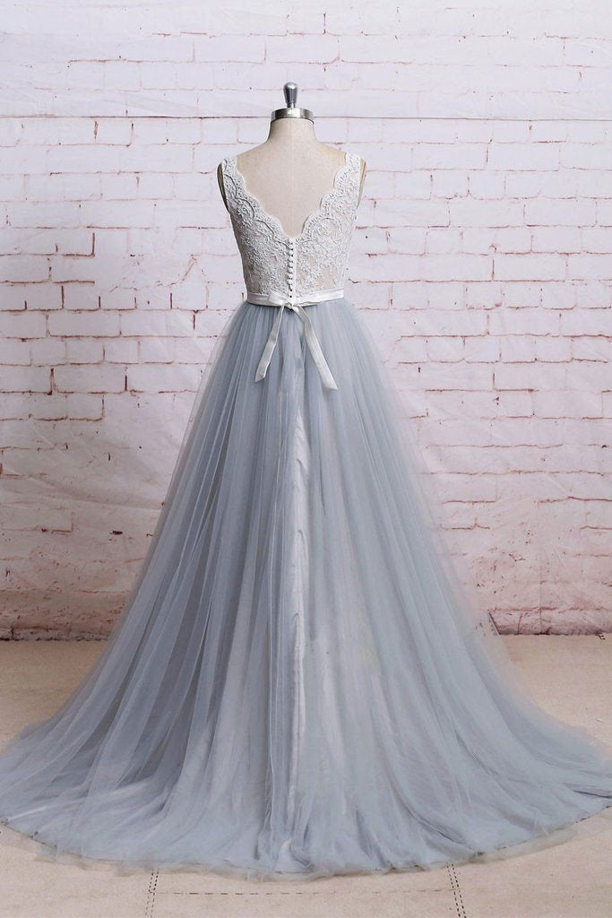 A-Line V-Neck Ivory Lace Bodice Grey Tulle Skirt Chapel Train Appliques Wedding Dress