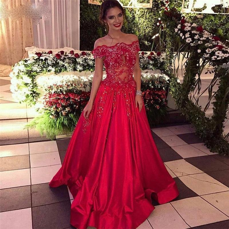Off the Shoulder Beads Sequins Stretch Satin Cheap Long Red A-line Prom Dresses