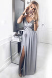 A-Line Spaghetti Straps V Neck Floor-Length Chiffon Grey Prom Dress with Sequins Split
