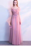 Elegant A-Line Pink Tulle Off the Shoulder Sweetheart Lace up Prom Bridesmaid Dresses