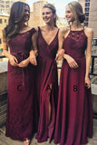 A-Line V-Neck Floor-Length Grape Chiffon Long Bridesmaid Dress wtih Split