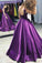 Ball Gown V-Neck Sweep Train Satin Sleeveless Bateau Purple Backless Prom Dresses