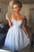 A-Line Sweetheart Knee Length Strapless Sleeveless Blue Lace Homecoming Dress
