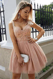 A Line Sweetheart Spaghetti Straps Pink with Lace Appliques Homecoming Dresses
