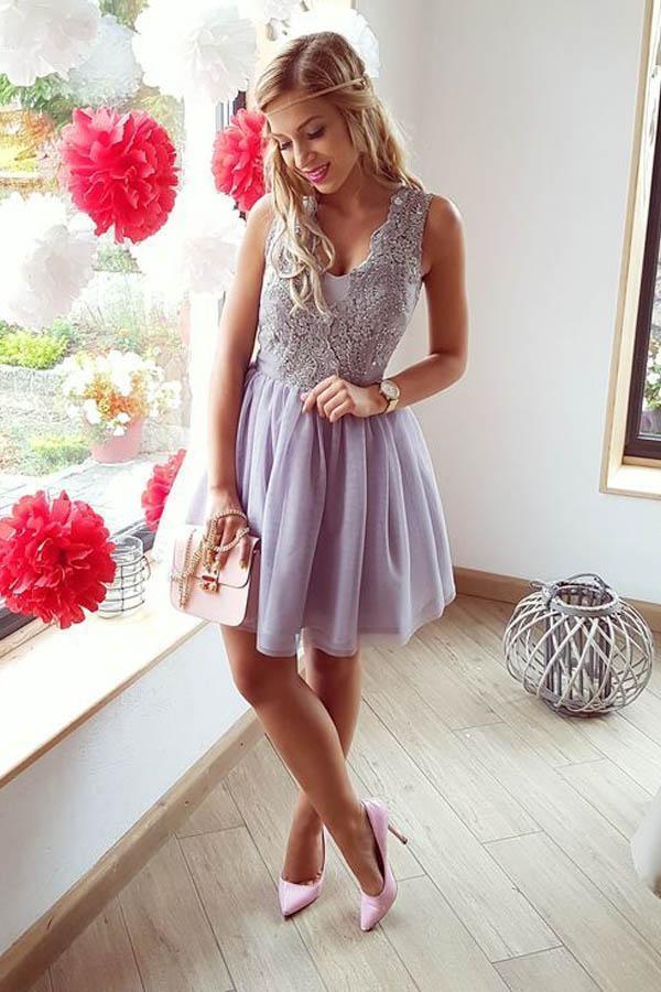 A-Line V-Neck Short Lilac Above Knee Tulle Appliques Homecoming Dress with Lace