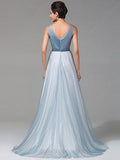 A-line V-neck Floor-length Tulle with Beading Prom Dresses Evening Dresses