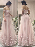 A-Line Off the Shoulder Pearl Pink Sweetheart Tulle Prom Dresses with Applique Beads