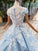 Princess Light Blue Ball Gown Cap Sleeve Prom Dresses with 3D Flowers Quinceanera Dress