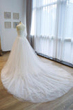Ball Gown Strapless Lace Appliques A Line Chapel Train Wedding Dress with Beading