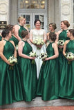 A-Line Round Neck Floor Length Hunter Green Satin Bridesmaid Dress Long Prom Dresses