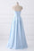 A-Line Blue Simple Satin Strapless Beaded Pockets Lace Up Back Long Sleeveless Prom Dresses