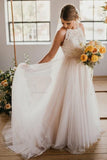 A-Line Round Neck Ivory Sweep Train Tulle Halter Wedding Dress with Lace