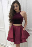 A-Line Two Pieces Scoop Short Satin Burgundy Halter Above Knee Homecoming Dress