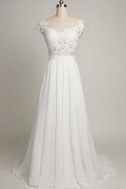 Back V Cap Sleeve Lace Cheap Chiffon High Quality Beach A-line Ivory Wedding Dresses