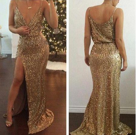Sexy Mermaid Spaghetti Straps Slit Gold V Neck Sequins Long Sleeveless Prom Dresses