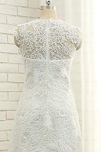 A Line V Neck Vintage High Low Capped Sleeves Lace Appliques Wedding Dresses