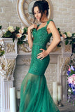 Gorgeous Green Mermaid V-Neck Lace Applique Sequins Beaded Tulle Prom Dresses