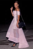 A-line Off-the-Shoulder Organza Ruffles Asymmetrical Backless High Low Prom Dresses
