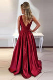 Simple A-Line Round Neck V-Back Maroon Satin Sleeveless Prom Dresses with Lace