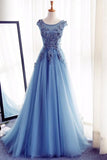 Charming Tulle Blue Lace up A-Line Appliques Long Sleeveless Scoop Prom Dresses