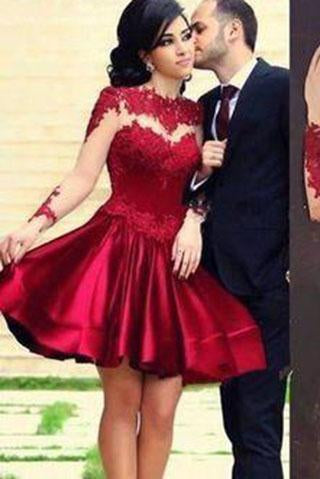 Short Ball Gown High Neckline with Long Sleeves Lace Dark Wine Red Backless Lace Prom Dress