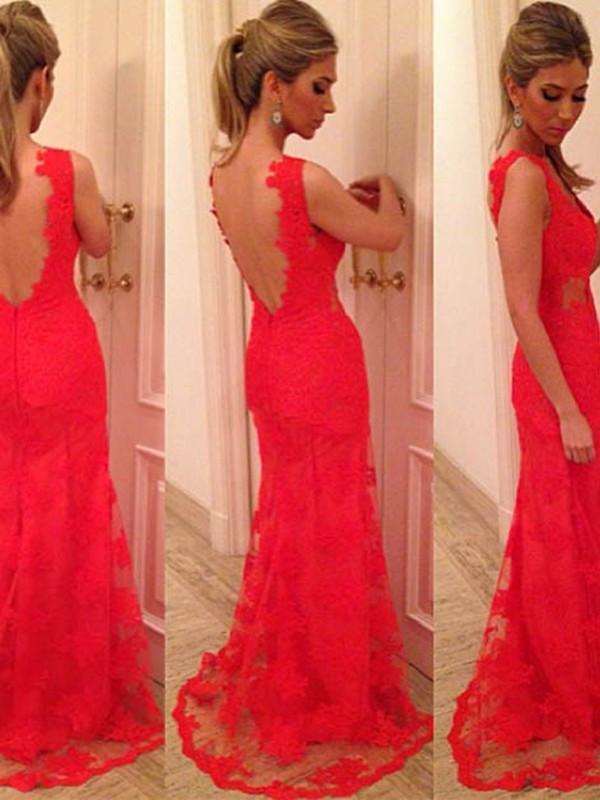 Charming Mermaid Red V-Neck Prom Dress Lace Party Dress