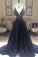 New Arrival Deep V-Neck Lace Chiffon Elegant A-line Black Long Open Back Prom Dresses