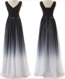 Ombre A Line Floor Length V Neck Sleeveless Mid Back Prom Dresses