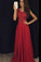 A Line Red Appliques Chiffon Long Beads Sweetheart Sleeveless Floor-Length Prom Dresses