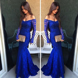 Royal Blue Lace Long Sleeves Sexy Prom Dresses for Teens