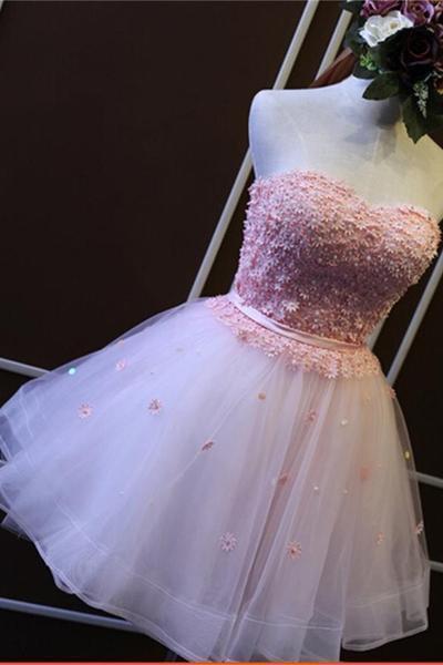 Pretty Appliques Strapless Lace-up Sexy Charming Cheap Tulle Beading Homecoming Dress