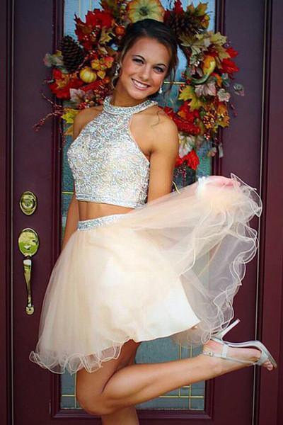 Sparkle Two Pieces Halter Open Back Pink Sleeveless Beads Tulle Homecoming Dress