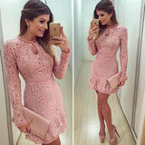Lace dress pink Sexy lace Elegant short O neck Prom Dresses Long sleeve Party dresses