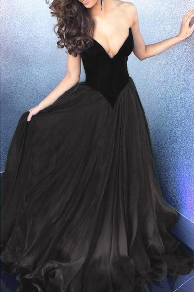 Black chiffon v-neck sweetheart A-line long evening dress for teens sexy prom dresses