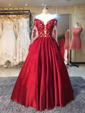 A-line Long Sleeves Sweetheart Lace Floor-Length Burgundy Cheap Prom Dresses