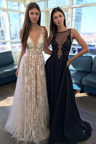 A Line V Neck Appliques Long Prom Dress V-neck Sexy Evening Party Dresses