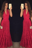 Hot Sexy V-neck Red Prom Dresses/Lace Long Formal Dress