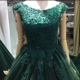A-line Green Lace Appliques Ball Gown V-back Evening Dresses Prom Dresses