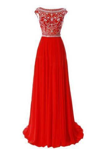 Red Long Chiffon Silver Beaded Chiffon Gown With Cap Sleeves Burgundy Prom Dresses
