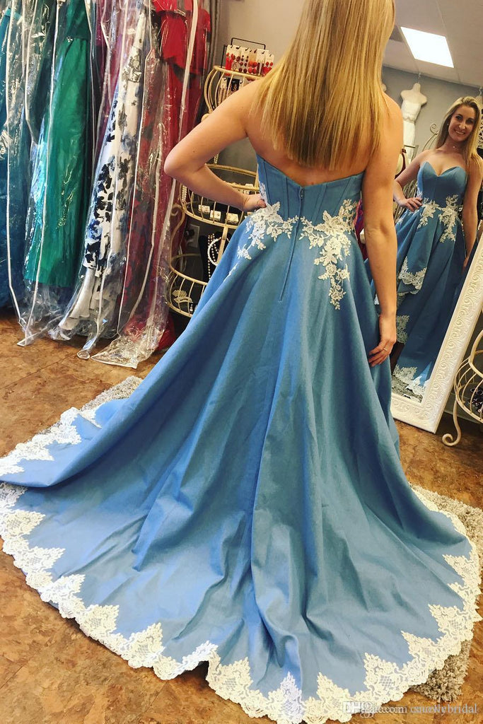 Blue Lace High Low Sweetheart A Line Appliques Long Strapless Cheap Prom Dresses