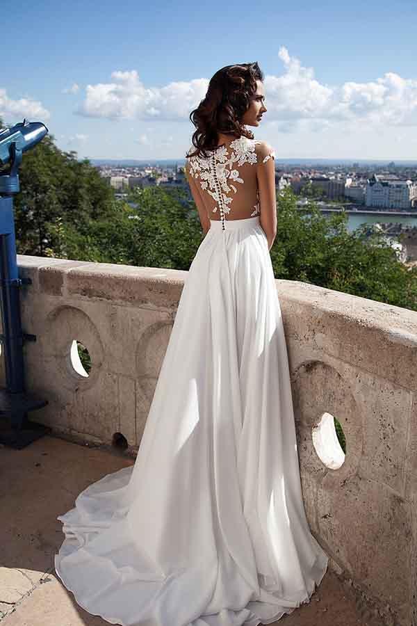 A-Line Top Lace Appliques Side Slit Chiffon Cap Sleeves Cheap Wedding Dress