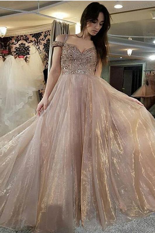 Beautiful Long Off the Shoulder A-Line Sweetheart Beads Organza Prom Dresses