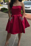 Simple Strapless Cute Cheap Beaded Red Sleeveless Homecoming Dresses with Pockets