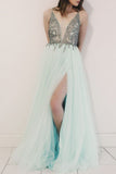 A-Line V-Neck Spaghetti Straps Beads Modest Tulle Cheap Evening Prom Dresses