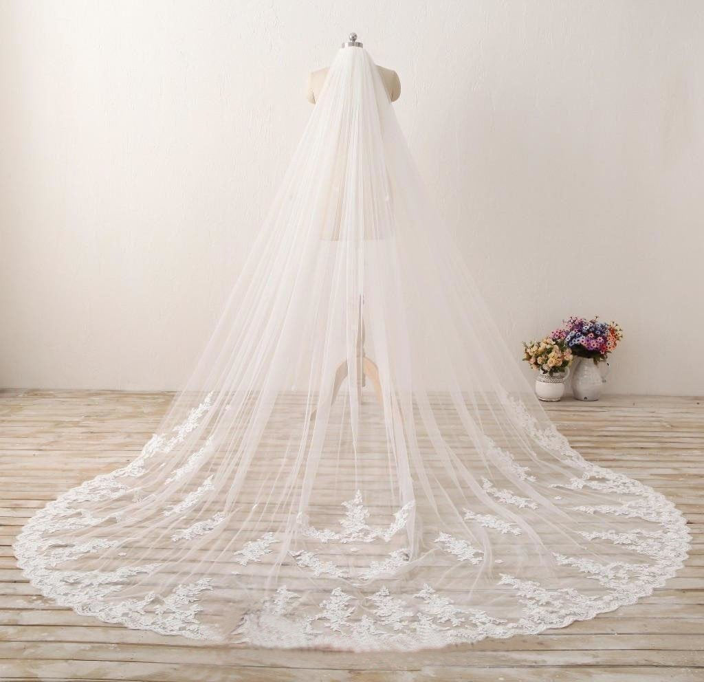 3M Long Embroidered Lace Appliques Tulle Cathedral Veil for Wedding Wedding Veil