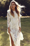 Ivory Sheath Brush Train Long Sleeve Backless Lace Wedding Dress Beach Wedding Dress