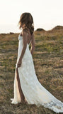 Boho Backless Front Split Romantic Off-the-Shoulder Ivory Lace Beach Bling Wedding Dress