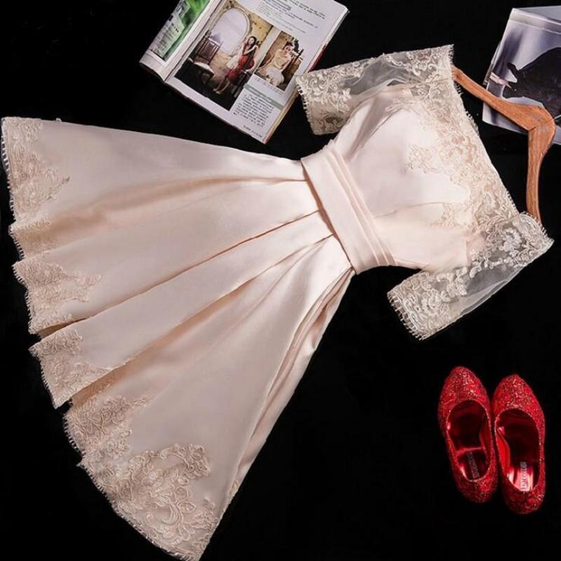 A Line Short Sleeves Satin Lace Appliques Lace up Scoop Short Prom Dress Homecoming Dresses